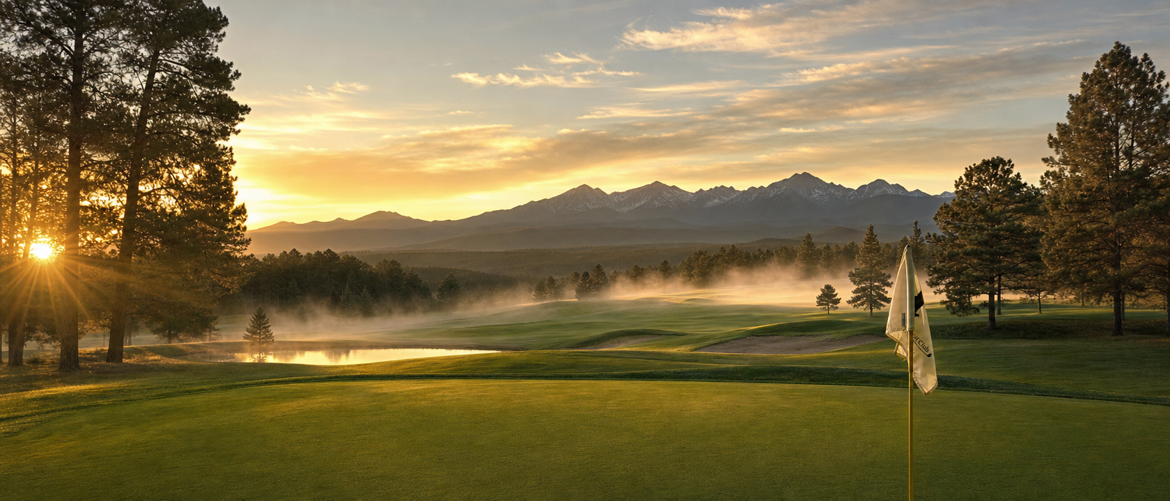 Colorado golf course at dawn with Rocky Mountain foothills