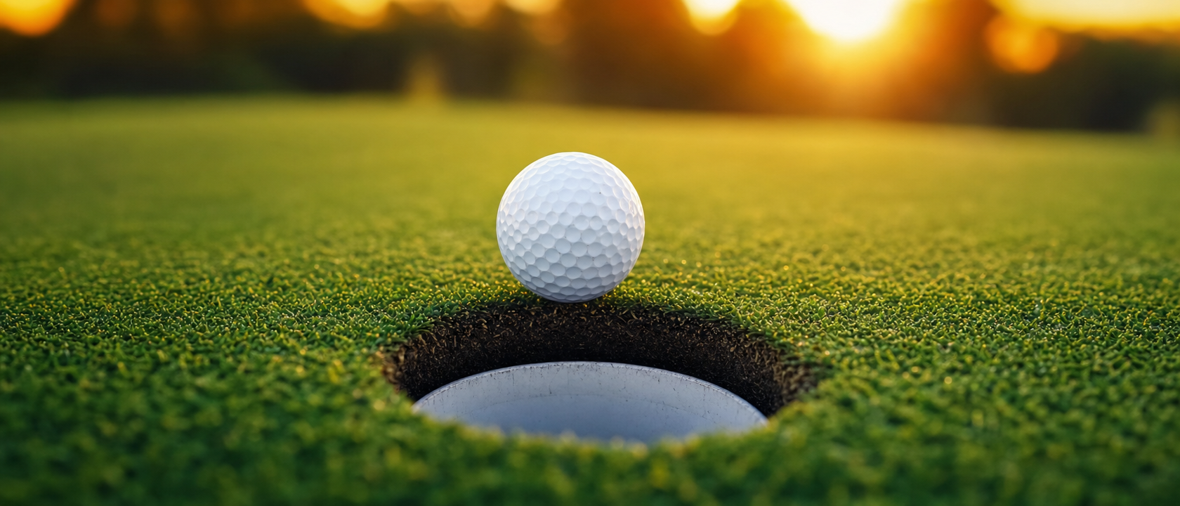 Golf ball on the edge of the hole at sunset