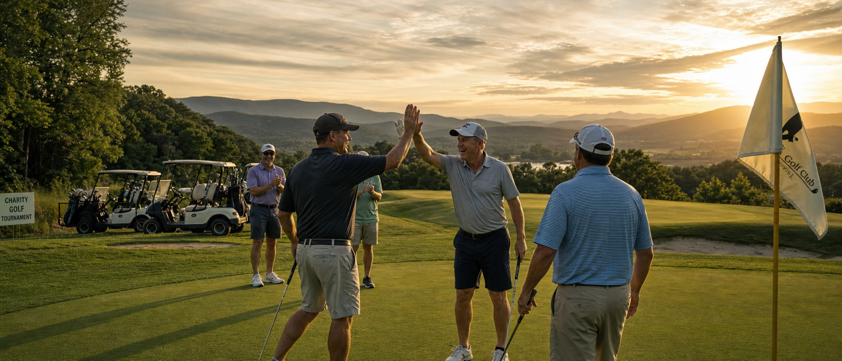 Golfers celebrating on the course at a charity tournament
