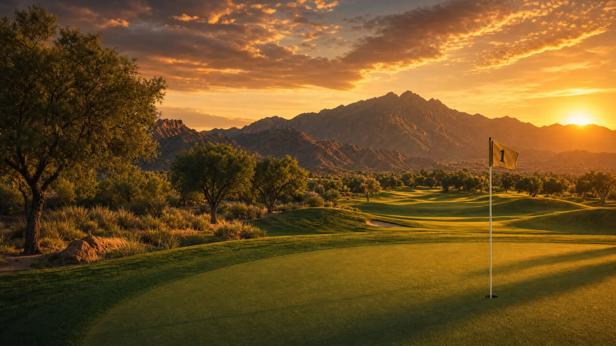 Stunning golf course at golden hour with mountains in the background
