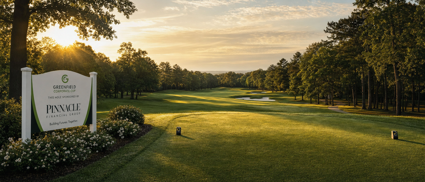 Golf course tee box with sponsor signage at sunrise