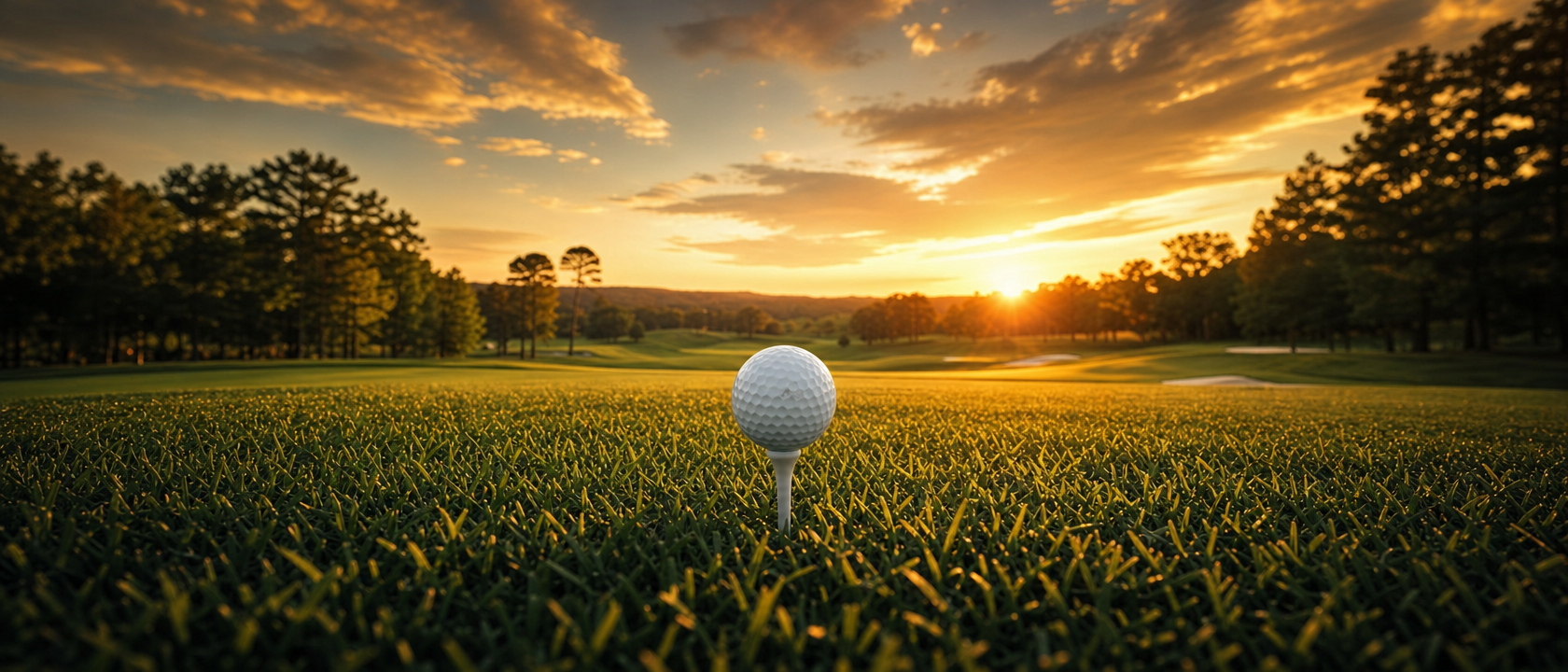Golf ball on tee at sunset