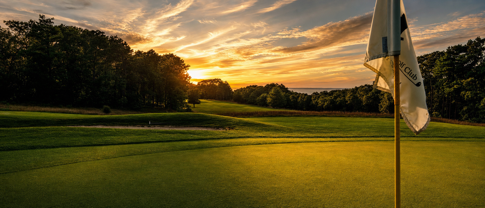 Golf course at sunset with flagstick
